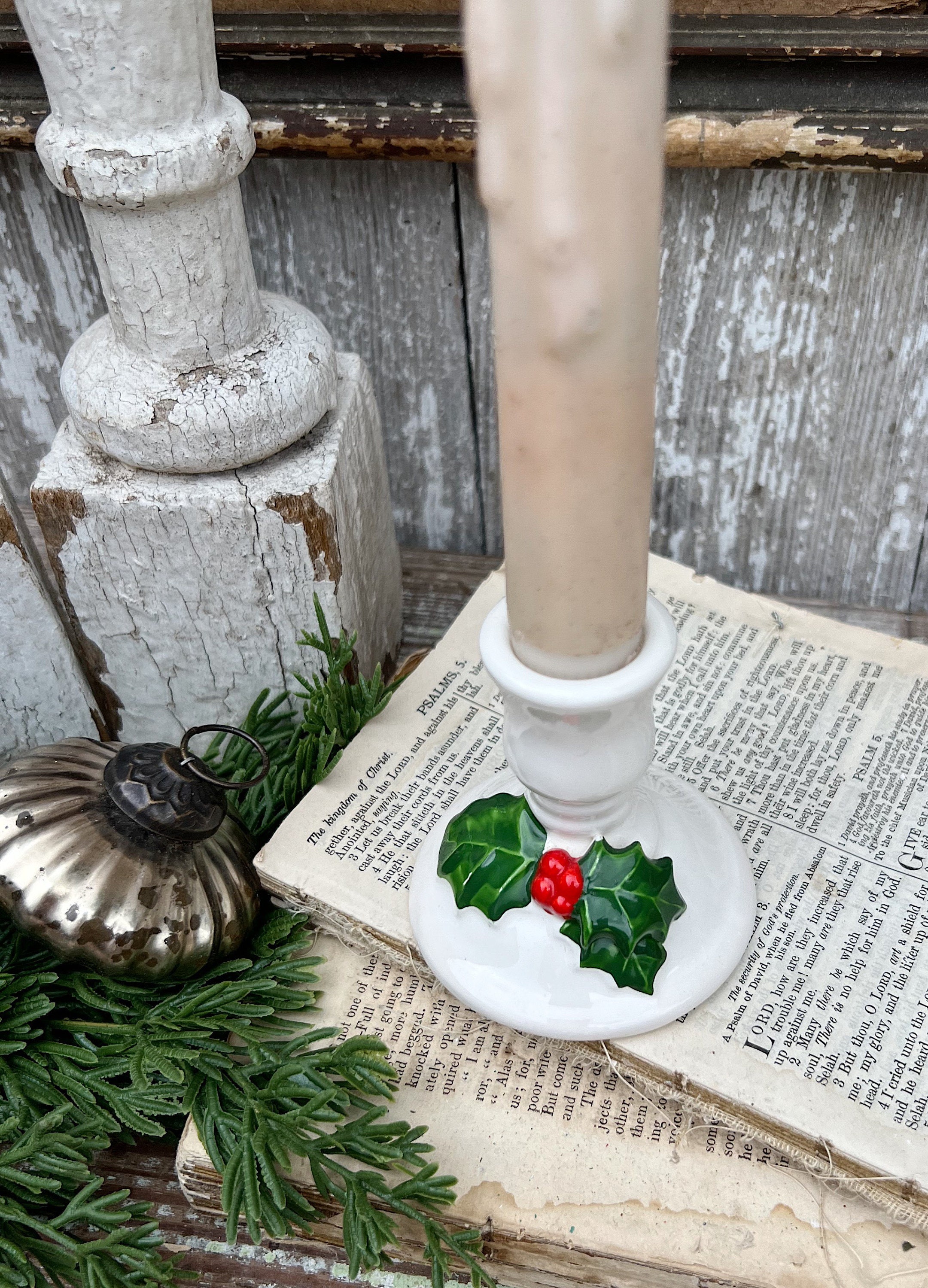 Vintage HOLLY Candle Holder WHITE Farmhouse Christmas Decor Lillian Vernon