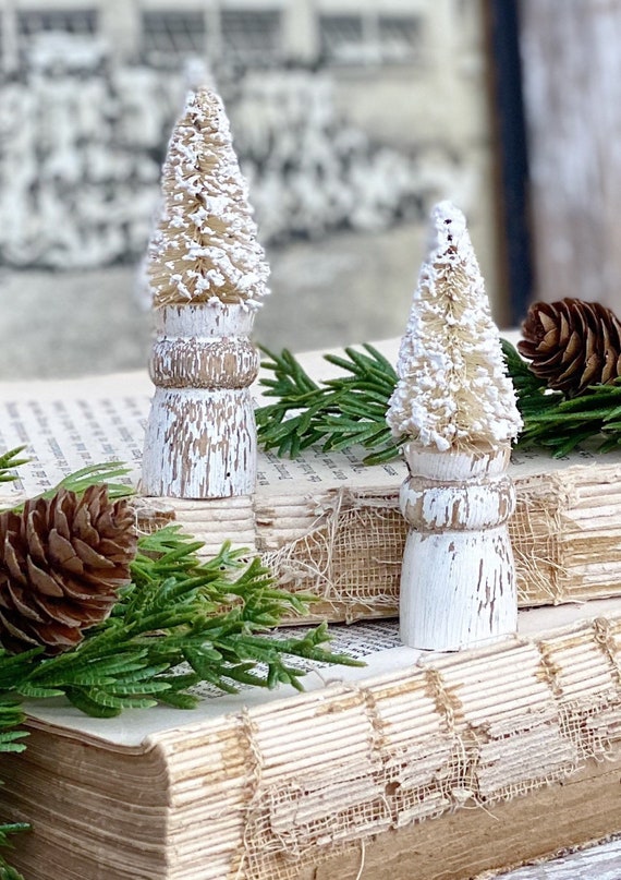 Christmas Bottle Brush Tree Salvaged Wood Base WHITE MINI Etsy
