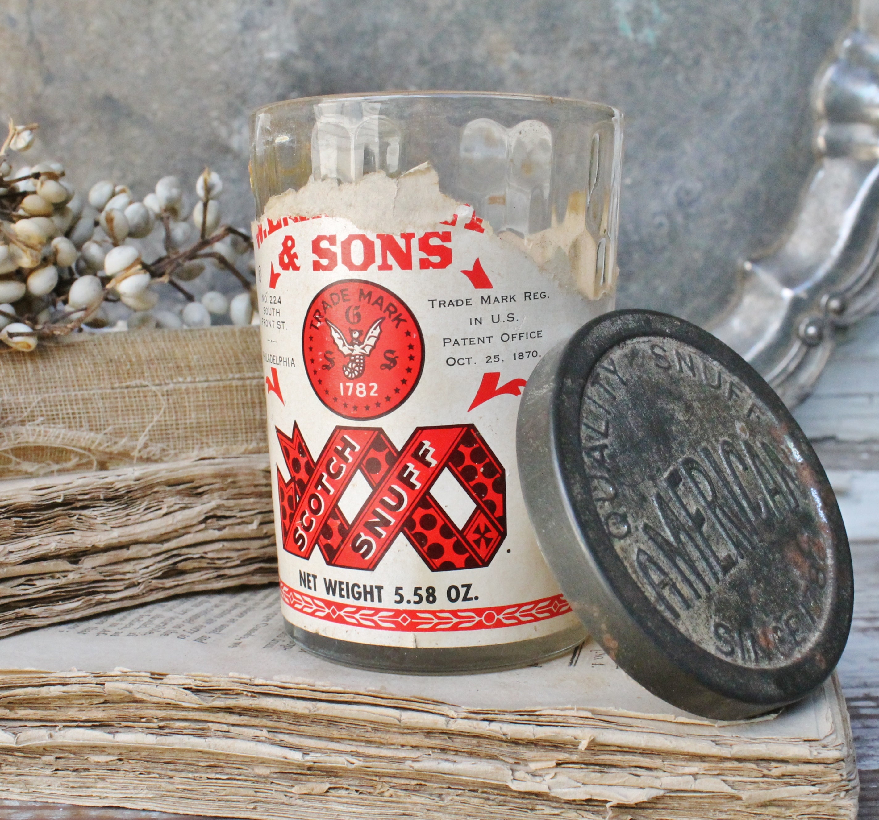 Vintage AMERICAN SNUFF Glass Jar Farmhouse Decor Vanity Fixer Upper