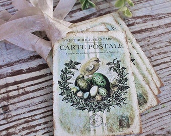 EASTER Vintage Gift Tags Chicks Eggs Grain Sack Laurel Wreath French Farmhouse Decor Card  Shabby SET OF 8