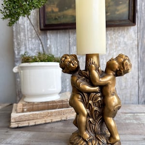 Vintage Cherub Lamp Base – Gold Metal Putti Candle Holder, Hollywood Regency Style, Ornate Table Lamp Part