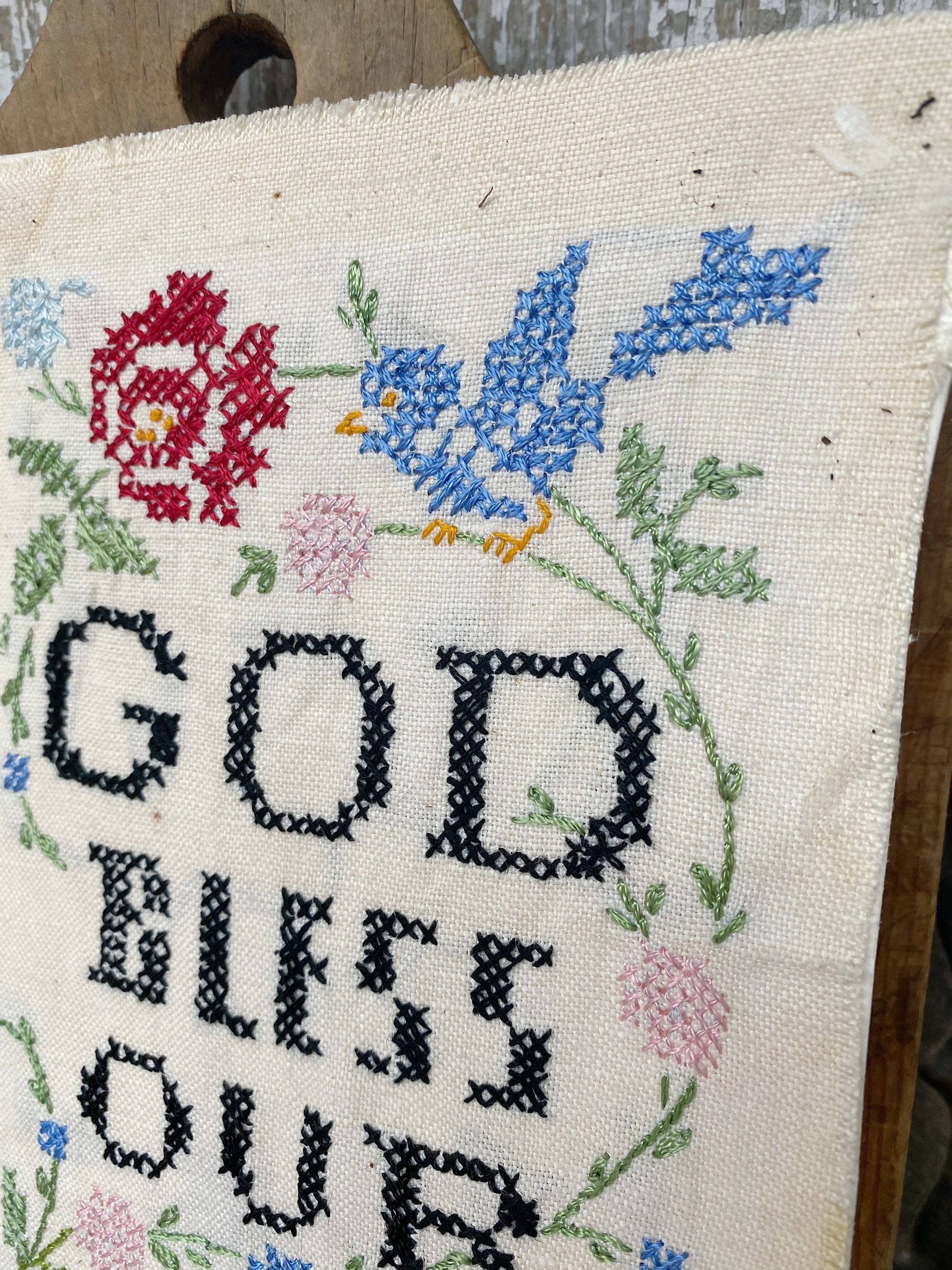 Antique Cross Stitch God Bless Our Home SAMPLER Needlepoint Yarn Wall
