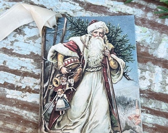 Christmas Vintage Gift Tags SANTA with TREE Bag Toys Farmhouse Christmas Decor Card French Shabby Gift Wrap