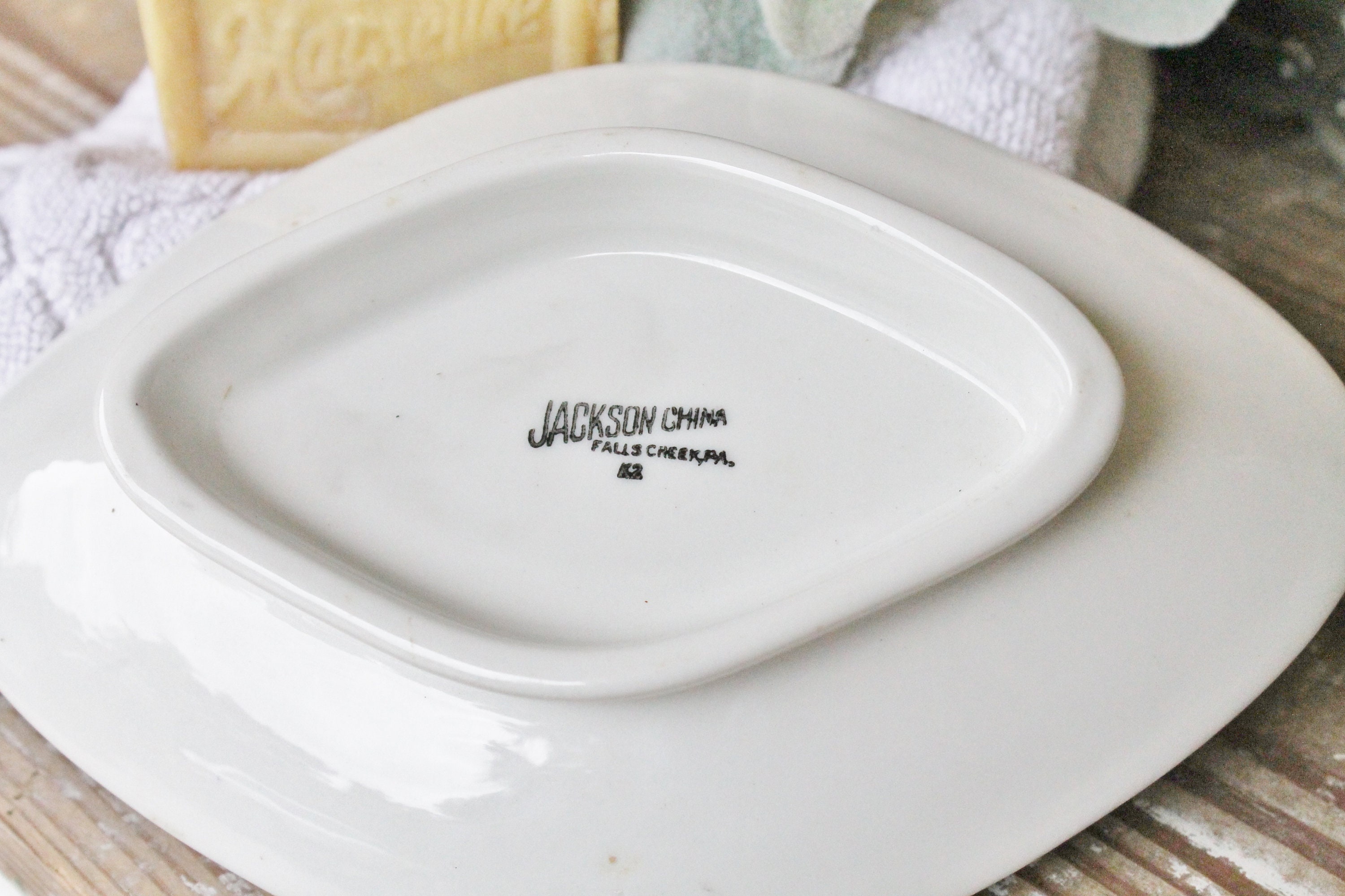 Antique White Ironstone Soap Dish Flow Blue Willow JACKSON CHINA