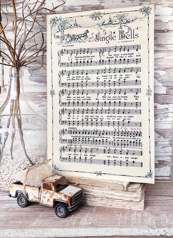JINGLE BELLS Sign Wood Vintage Sheet Music Carol Christmas Decor Poster  Farmhouse Decor Book Page Wall Art 