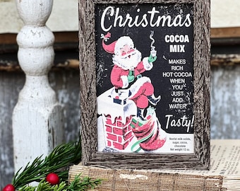 Vintage SANTA COCOA MIX Sign Frame Farmhouse Christmas Winter Decor Barn Wood Rustic Primitive Framed Sign  Illustration Retro