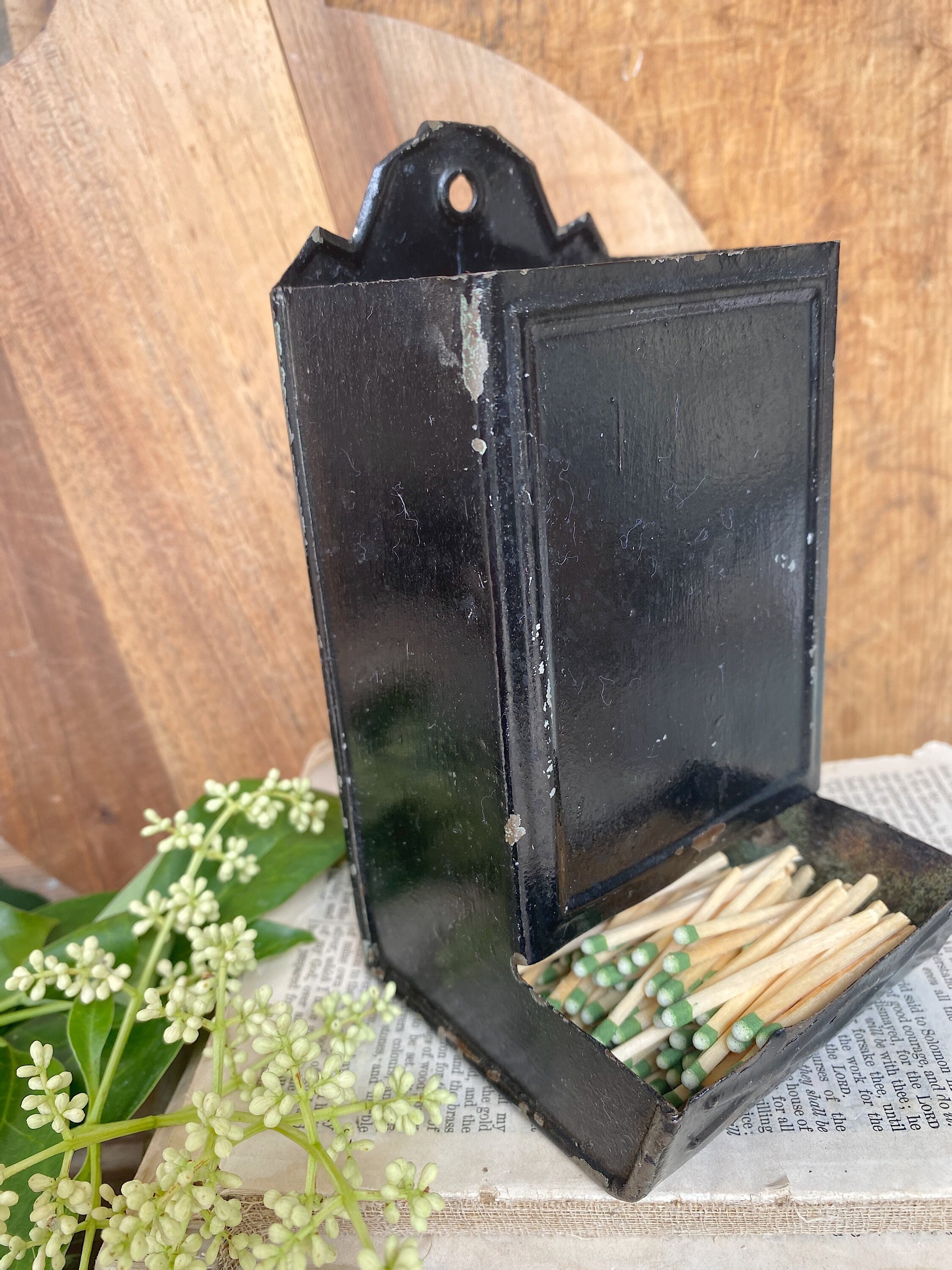 Vintage Metal Match Holder Wall Mount Black Chippy Farmhouse Decor