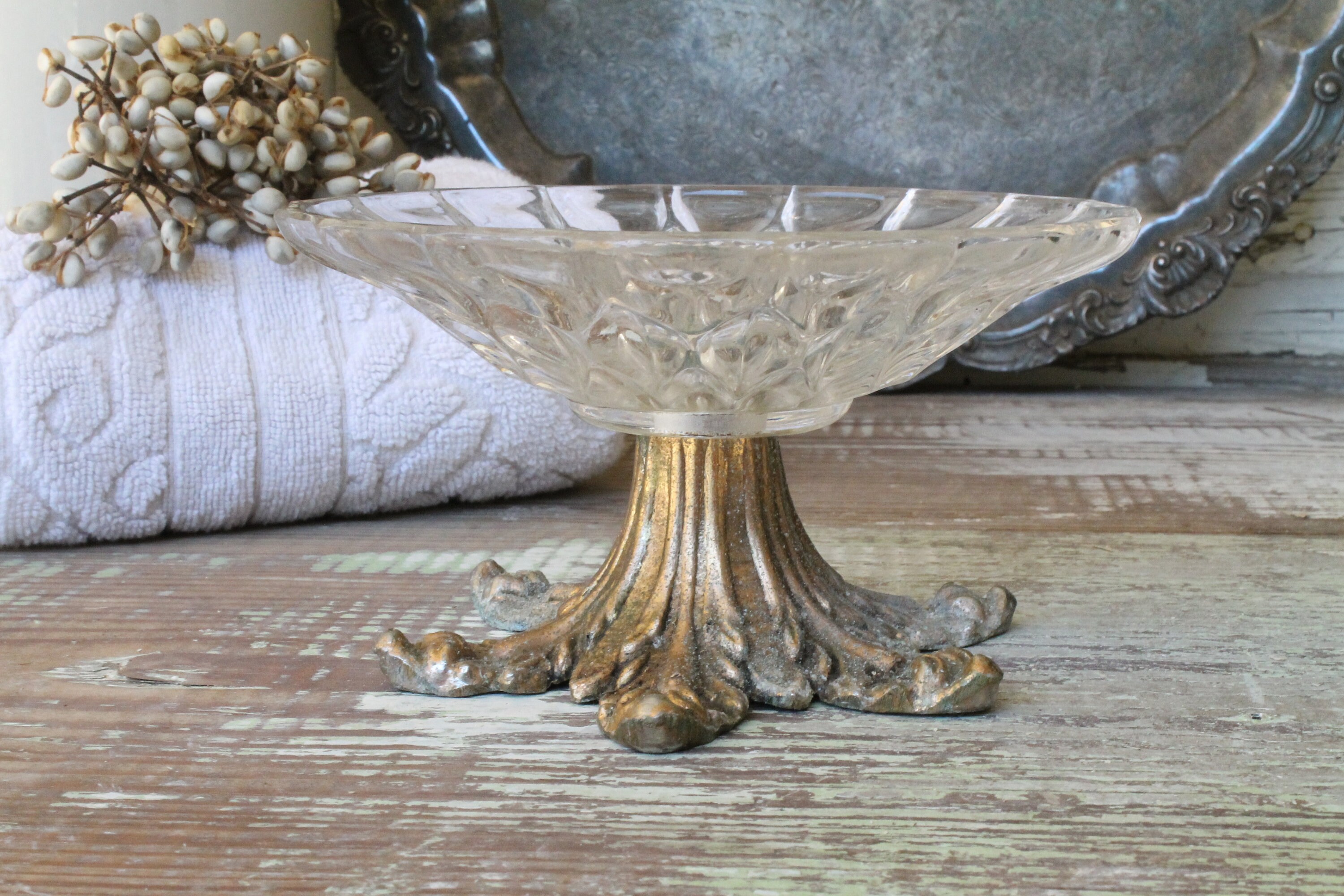 Antique Glass Compote Bowl Candy Soap Dish Brass Footed Tray Farmhouse