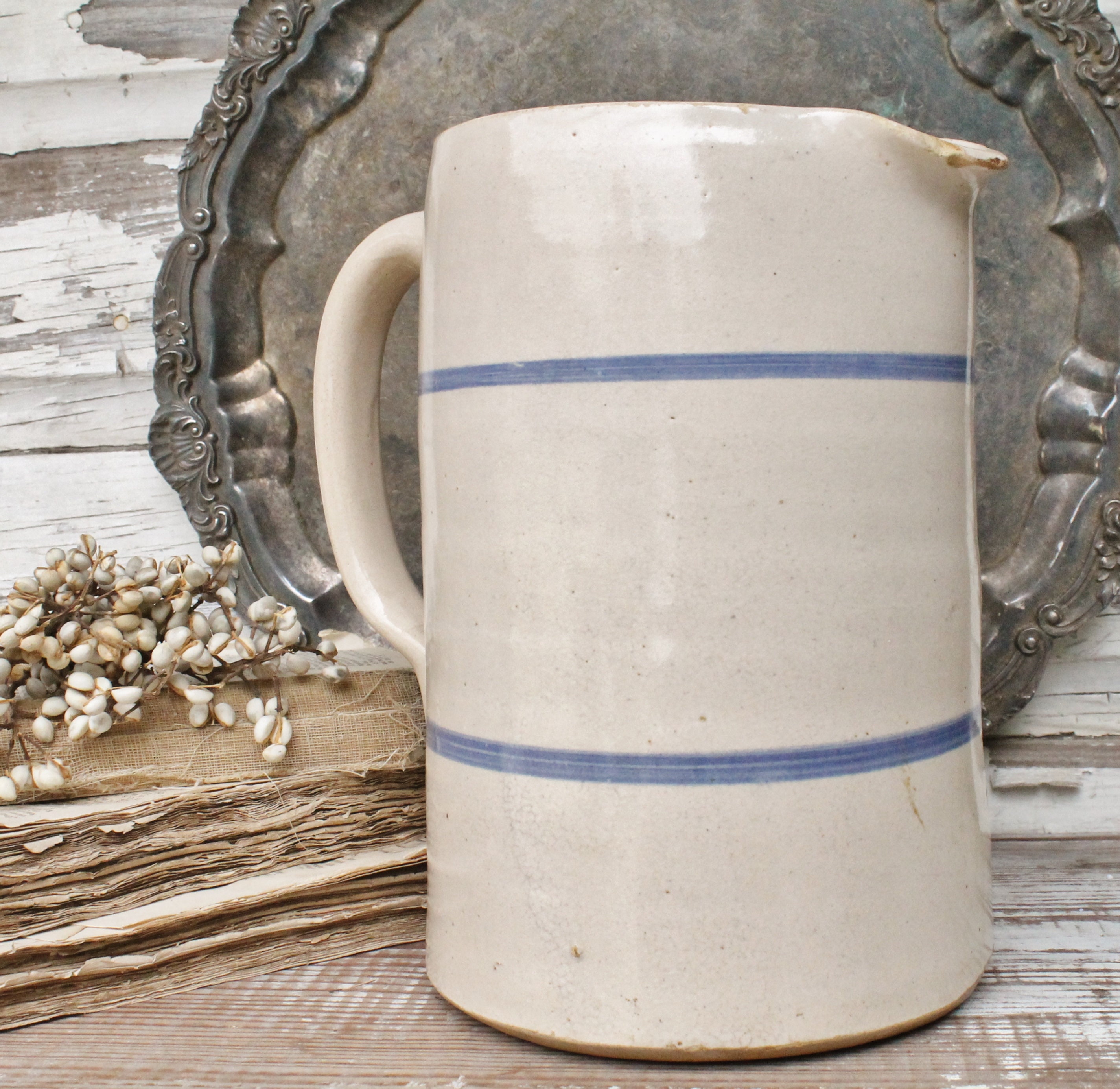 Antique Crock Pitcher MARSHALL Salt Glaze Stoneware Blue Stripe