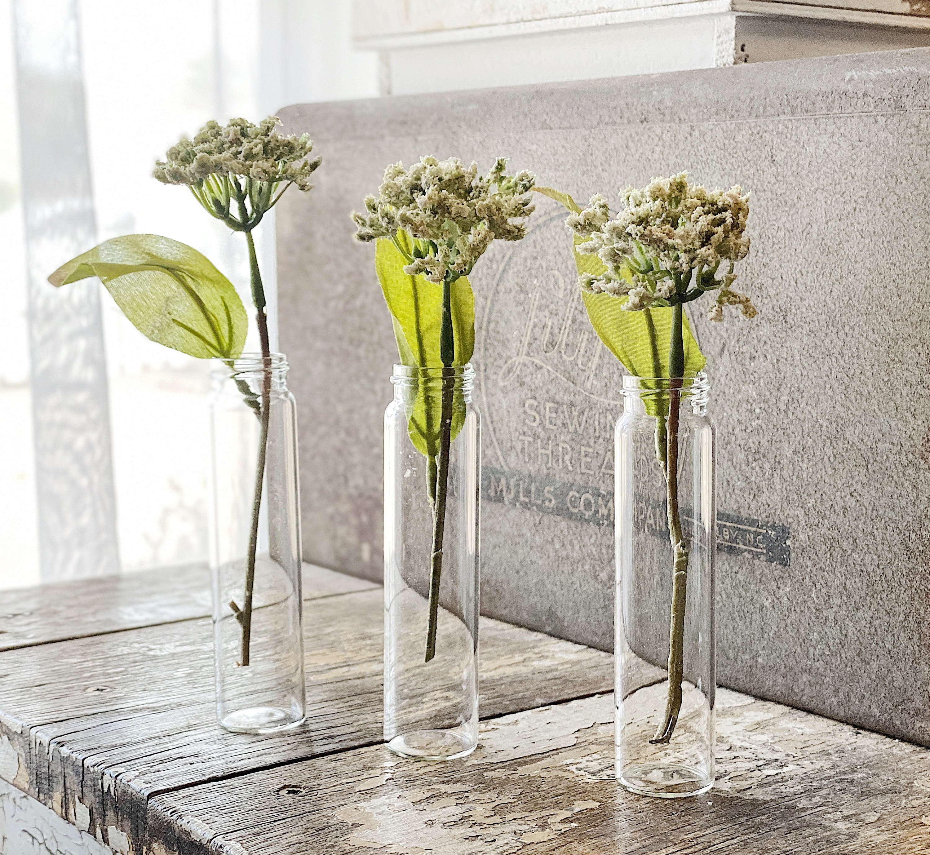 Vintage Glass Vial Bottles SET of 6 French Bud Vase Farmhouse Garden Decor Clear Craft Supplies