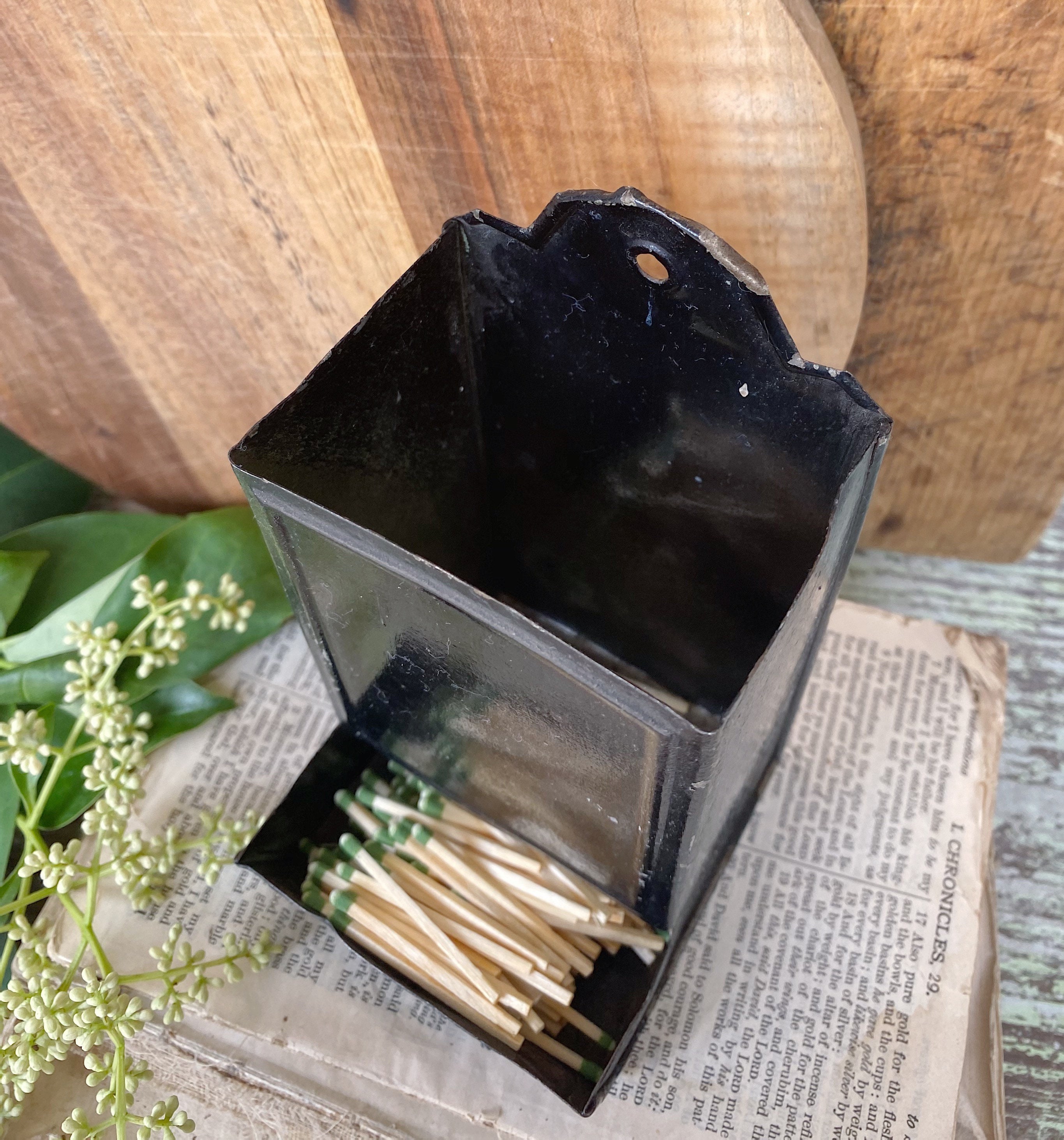 Vintage Metal Match Holder Wall Mount Black Chippy Farmhouse Decor