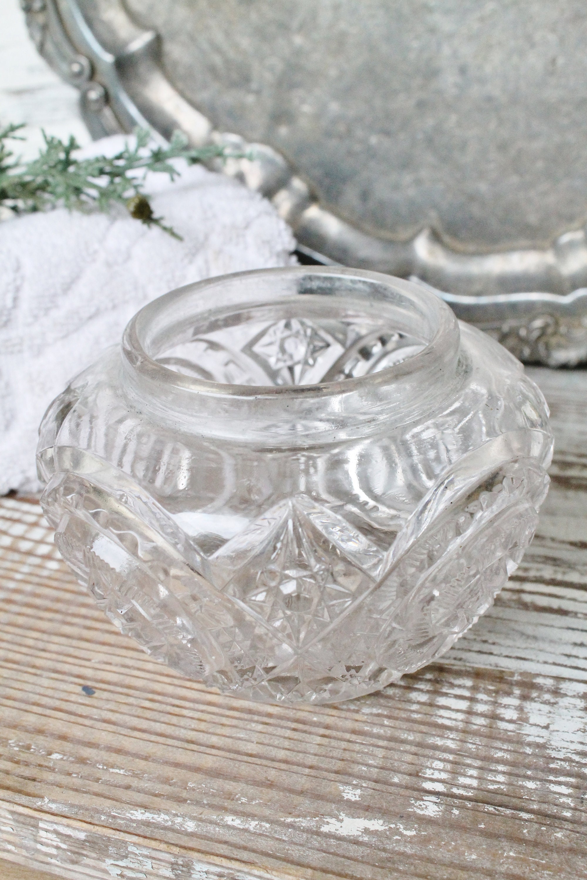 Antique Cut Glass Jar with Gold Lid Cast Art Nouveau Gold Vanity Box Etched Glass Jar