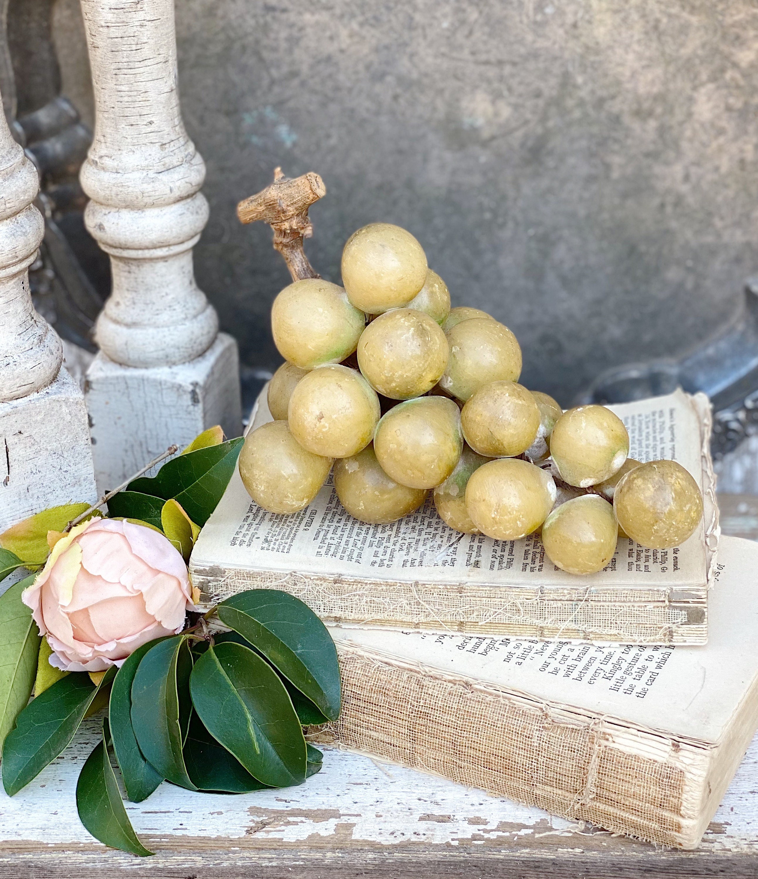 Antique Alabaster Grapes With Wood Stem Cream White Stone Fruit