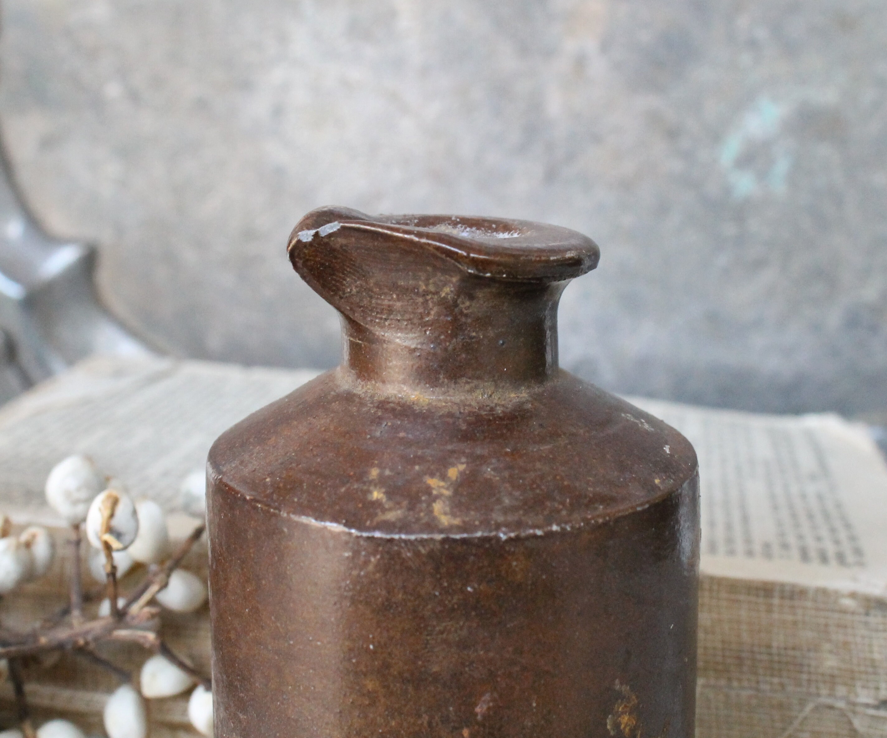 Antique Master Ink Crock Bottle with Pouring Spout BROWN Stoneware