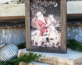 Vintage Christmas Frame SANTA ON HORSE Framed Sign Farmhouse Christmas Decor Barn Wood Rustic Christmas Sign Primitive Merry Christmas