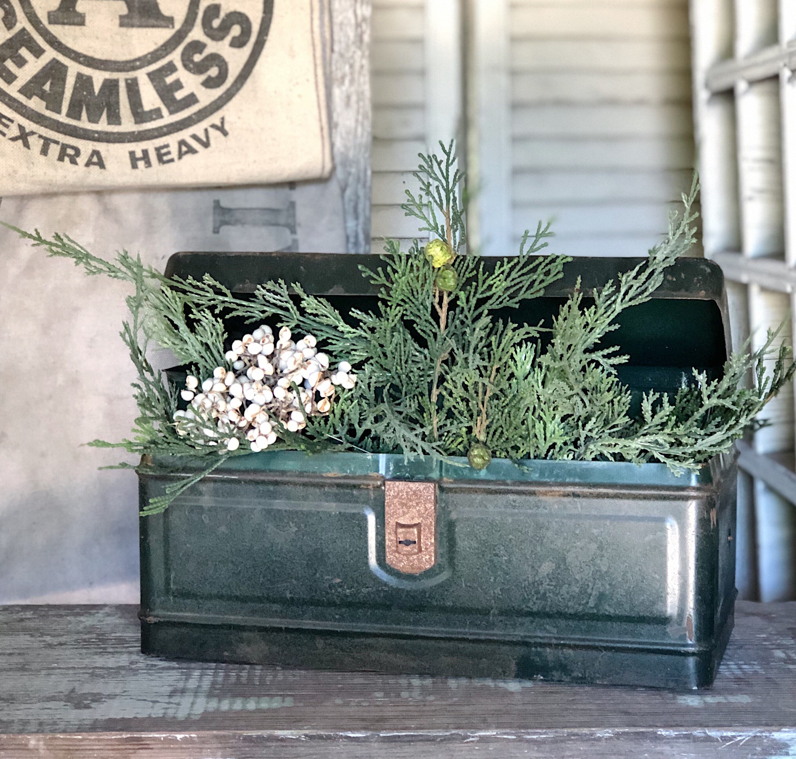 Vintage Metal Tool Box GREEN Farmhouse Decor Industrial Salvage