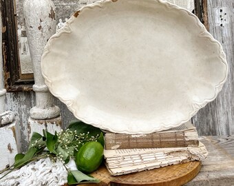 Antique White Ironstone Platter Crazing Grungy Stained Farmhouse Decor Scallop ENGLAND