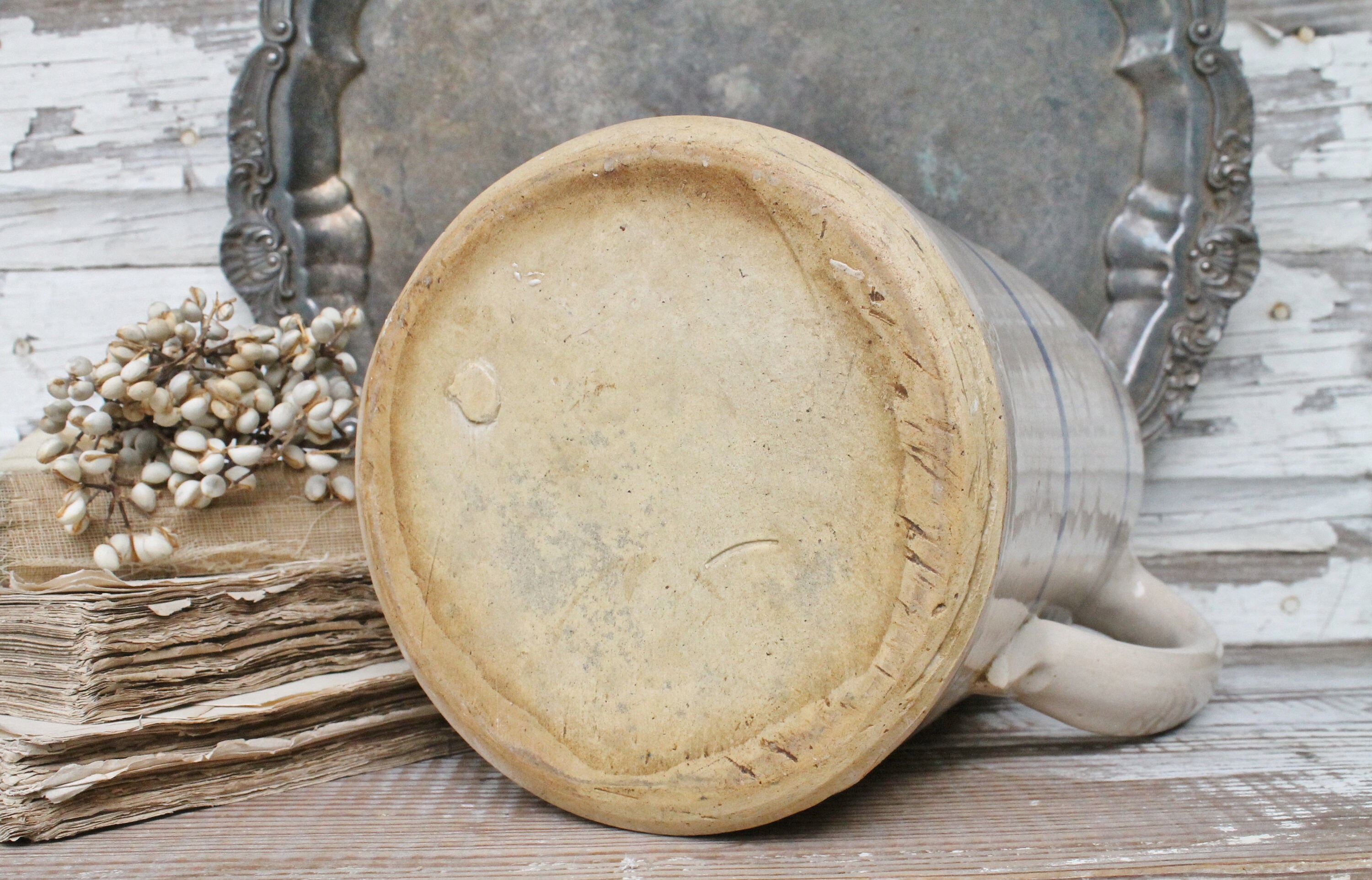 Antique Crock Pitcher MARSHALL Salt Glaze Stoneware Blue Stripe