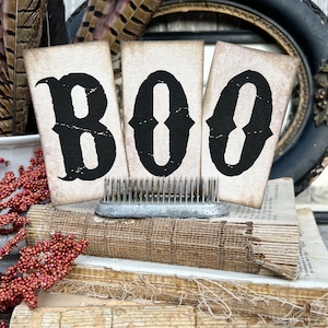 May include: Three vintage-style rectangular signs spell out "BOO" in bold black letters. The signs are propped up by a metal flower frog, with antique books and feathers in the background. A spooky Halloween decoration.