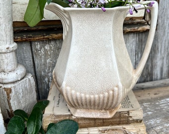 Antique White Ironstone PITCHER Jug Wm ADAMS & Sons Creamy White Farmhouse Decor Grungy Crazing Crazed Stained RARE England