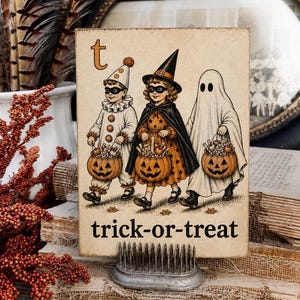 Op de afbeelding: Een rechthoekig houten bord met een vintage-stijl illustratie van drie kinderen in Halloween-kostuums: een clown, een heks en een geest. Elk kind draagt een pompoenemmer. De tekst 't' en 'trick-or-treat' staat op het bord gedrukt.
