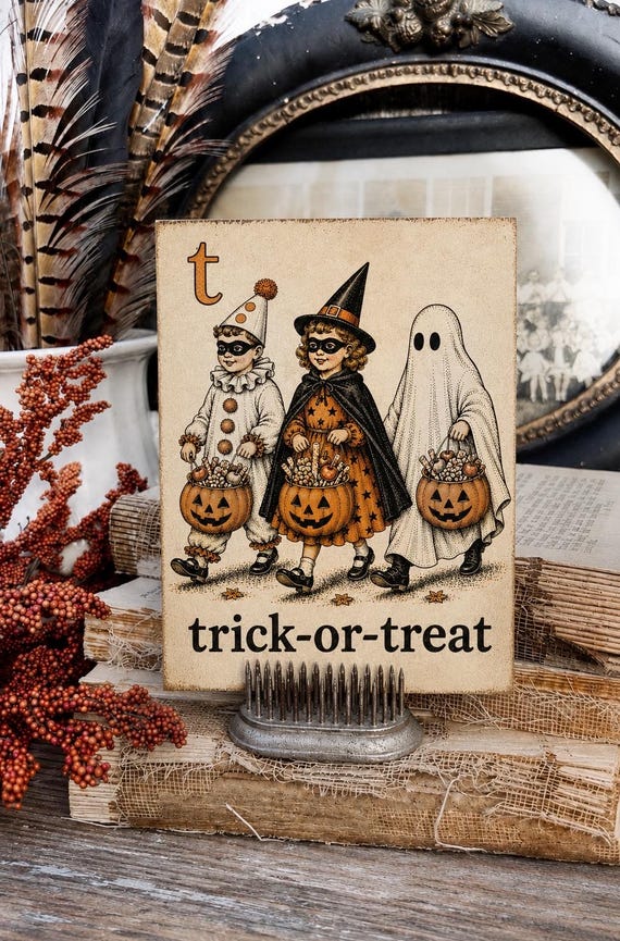 TRICK-OR-TREAT Halloween Flash Card Vintage Decor Fall Party