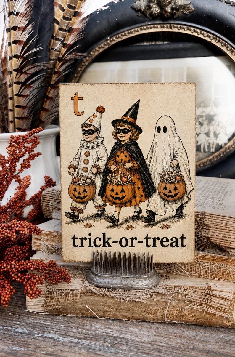Op de afbeelding: Een rechthoekig houten bord met een vintage-stijl illustratie van drie kinderen in Halloween-kostuums: een clown, een heks en een geest. Elk kind draagt een pompoenemmer. De tekst 't' en 'trick-or-treat' staat op het bord gedrukt.