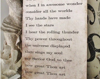 HOW GREAT THOU Art Hymn Sign Wood Vintage Farmhouse Decor Poster Mounted Book Page Hymnal Bible Verse Scripture Then Sings My Soul Sign Wall