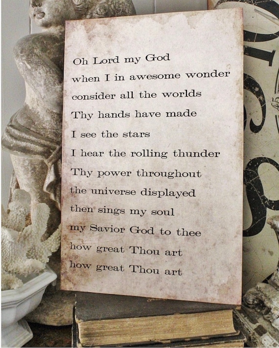HOW GREAT THOU Art Hymn Sign Wood Vintage Farmhouse Decor Poster Mounted Book Page Hymnal Bible Verse Scripture Then Sings My Soul Sign Wall
