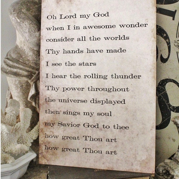 HOW GREAT THOU Art Hymn Sign Wood Vintage Farmhouse Decor Poster Mounted Book Page Hymnal Bible Verse Scripture Then Sings My Soul Sign Wall