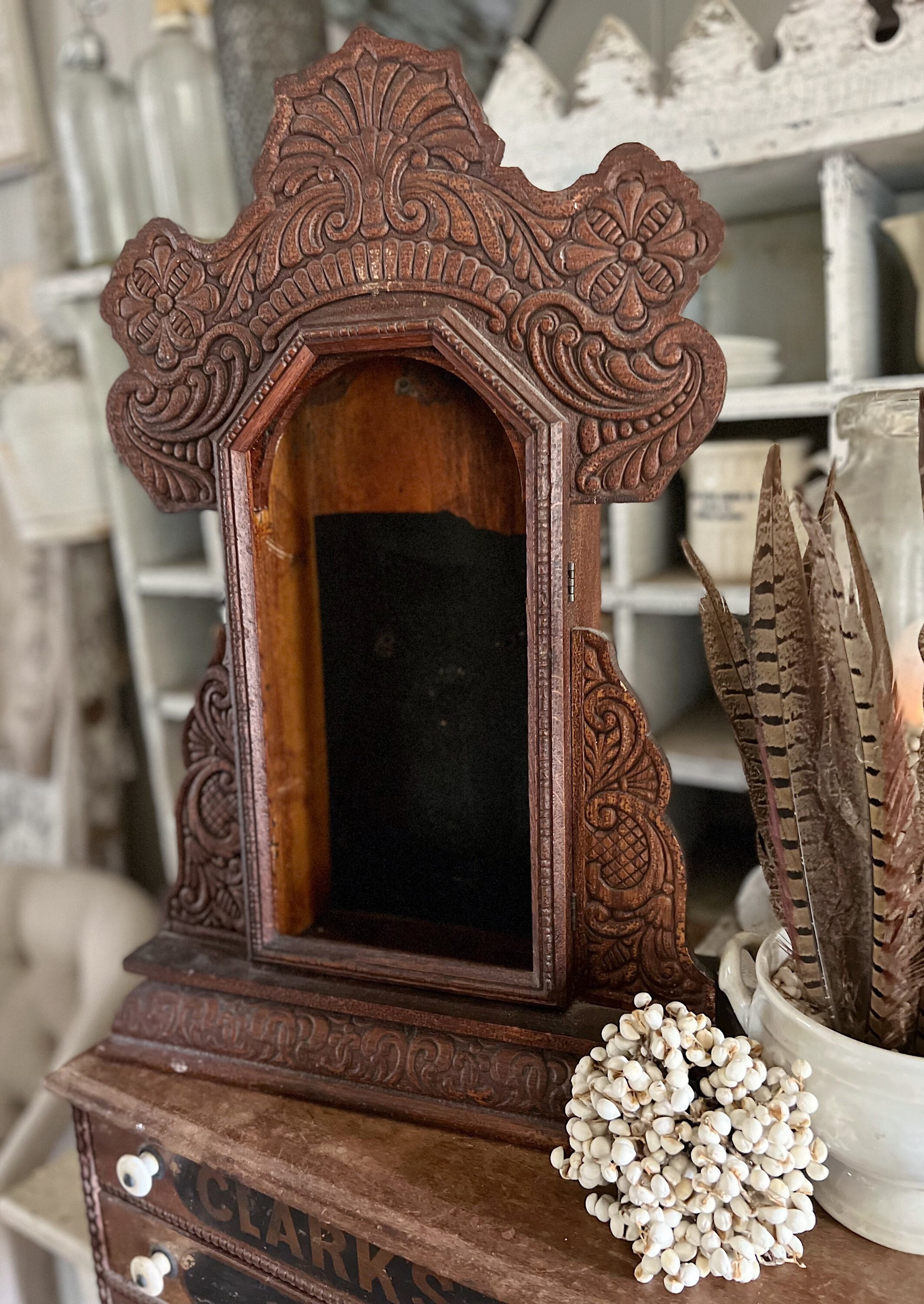 Antique Primitive Wooden Clock Case Box Farmhouse Decor Shrine