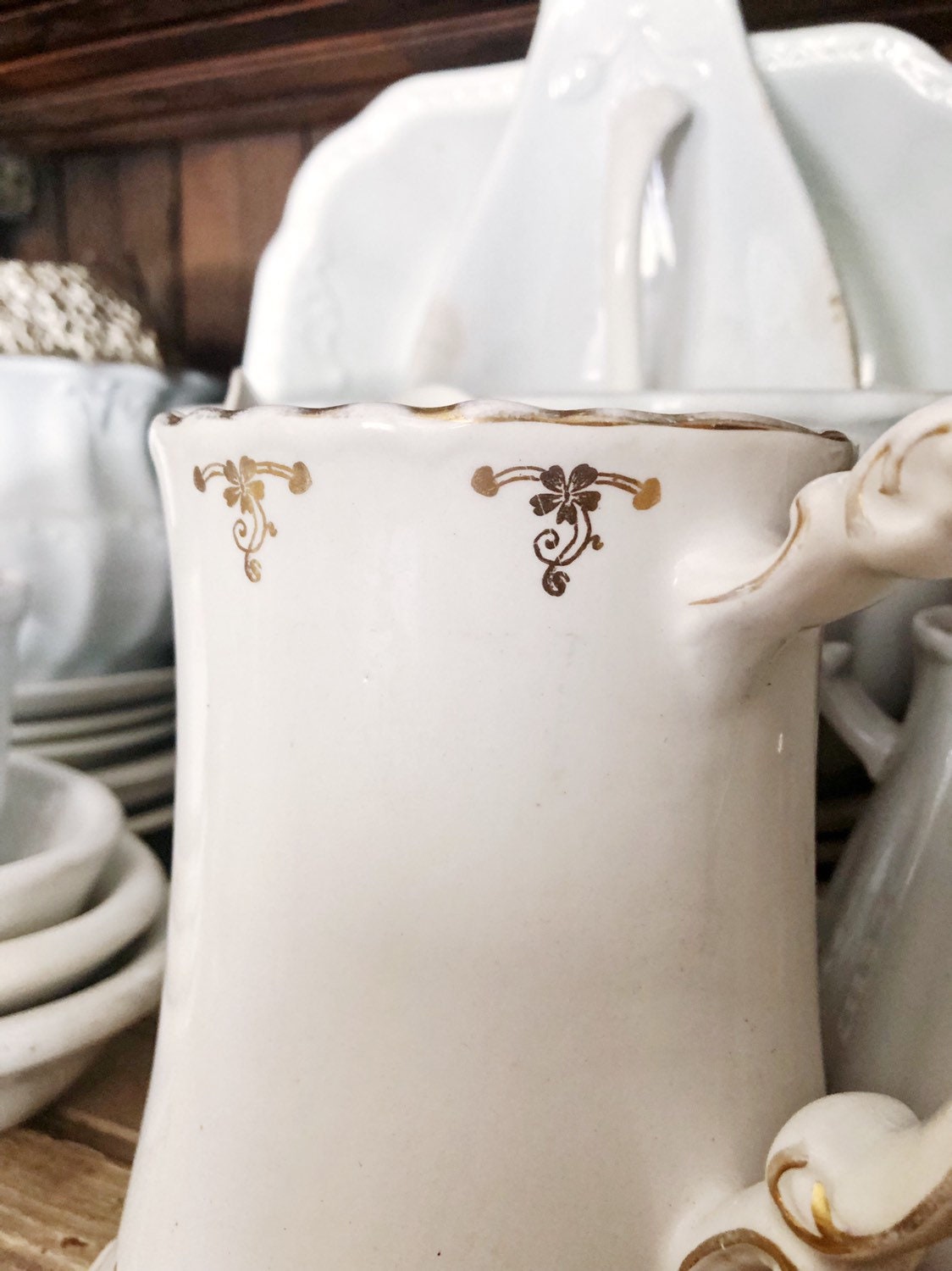 Antique HOMER LAUGHLIN White Ironstone Pitcher Gold Floral Farmhouse