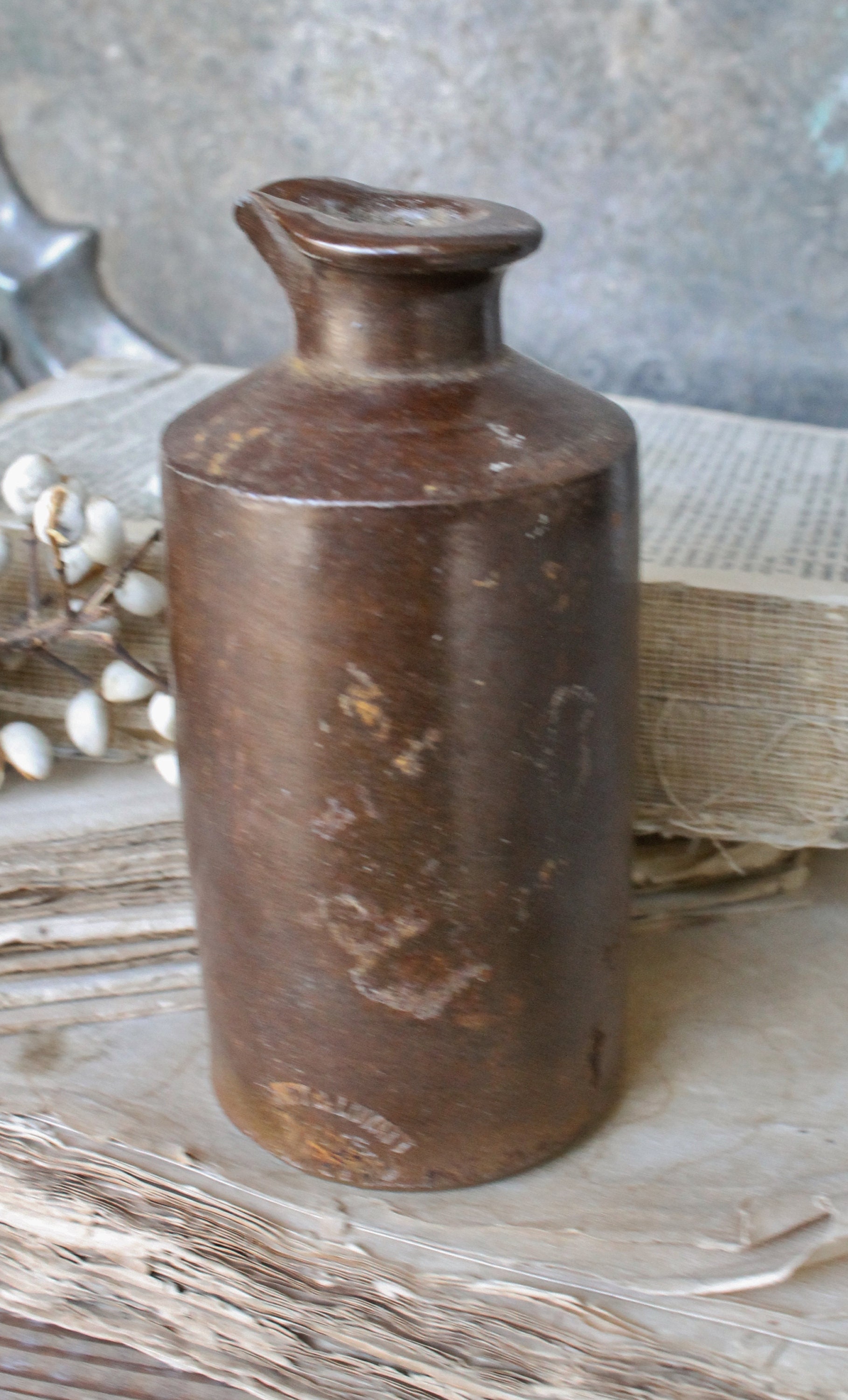 Antique Master Ink Crock Bottle with Pouring Spout BROWN Stoneware