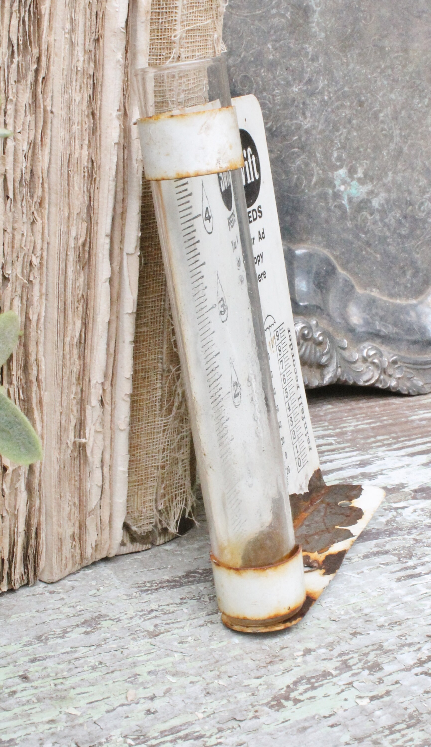 Vintage Metal Rain Gauge SWIFT FEEDS Farmhouse Decor Industrial Barn Farm Salvage Fixer Upper