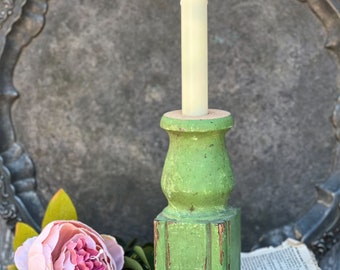 Antique Architectural Salvage Wood Baluster Candlestick Chippy GREEN Paint Reclaimed Post Chunky Spindle Farmhouse Decor Fixer Upper Decor