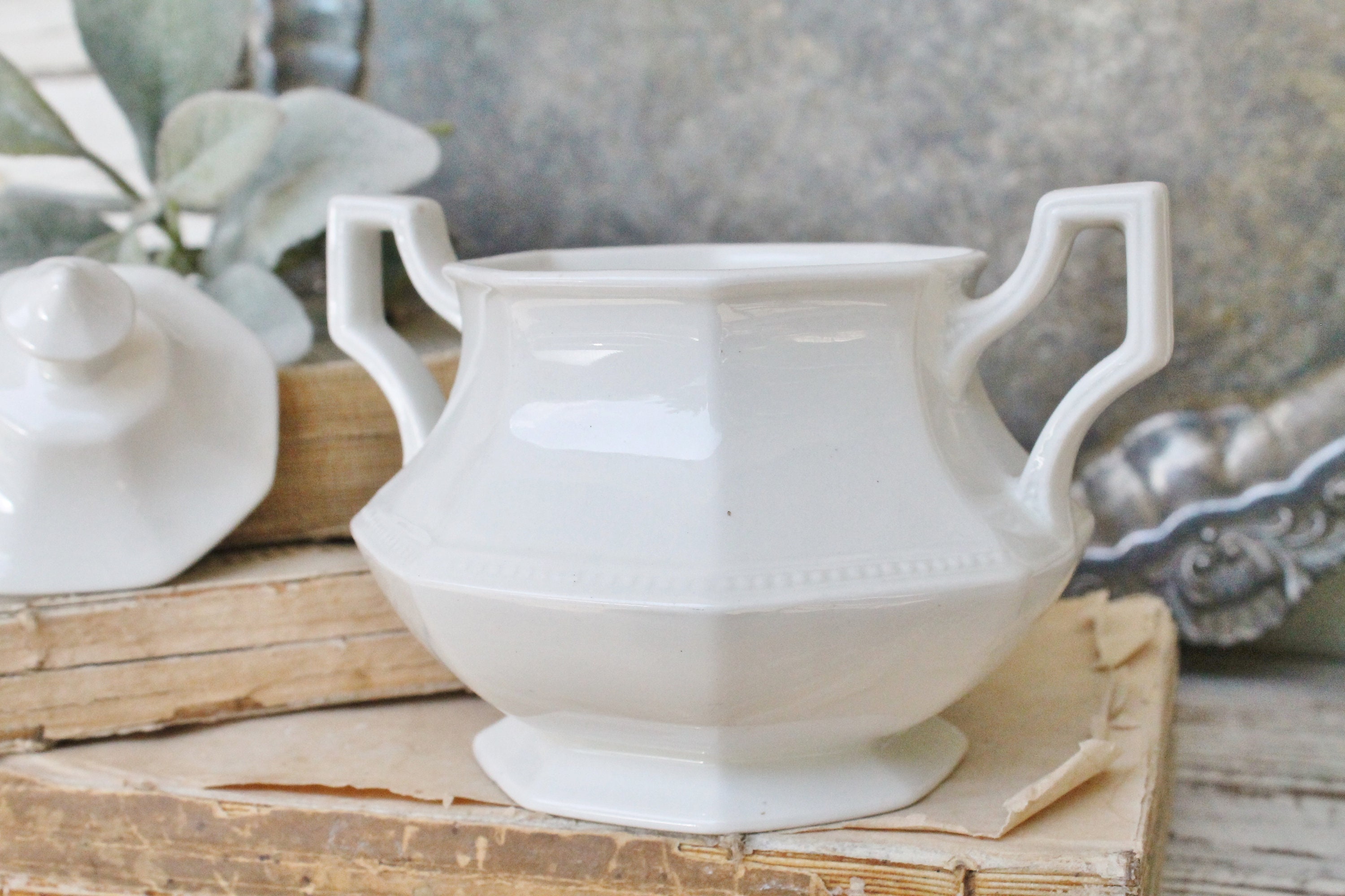 Antique Ironstone Sugar Bowl White Footed Lid ENGLISH IRONSTONE Farmhouse Decor Fixer Upper Decor