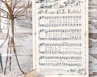 Oh Come All Ye Faithful Sign Wood Vintage Sheet Music Carol Christmas Decor Poster Farmhouse Decor Book Page Wall Art Let Us Adore Him