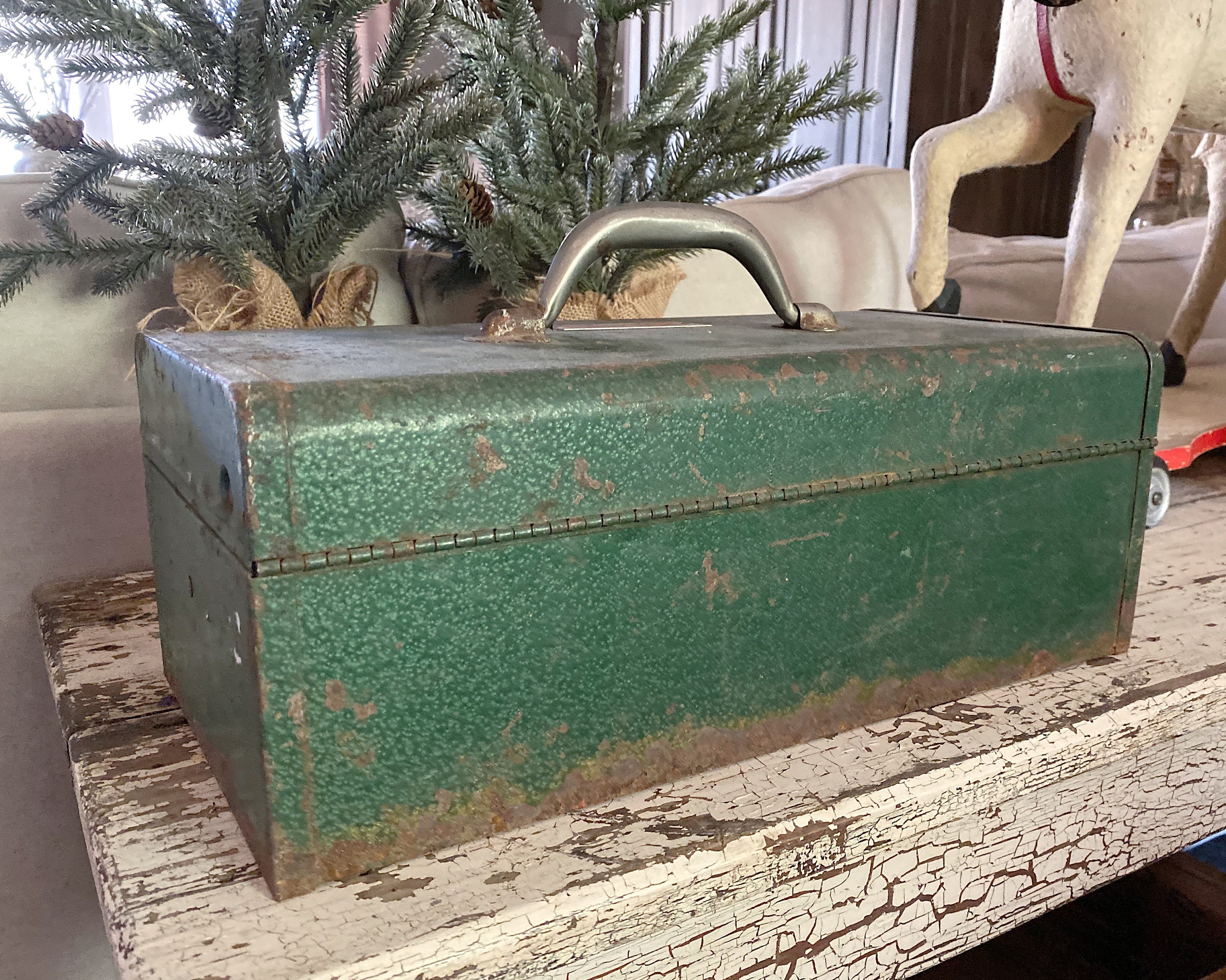 Vintage Metal GREEN Tool Box Farmhouse Decor Industrial Salvage Christmas Decor Fixer Upper