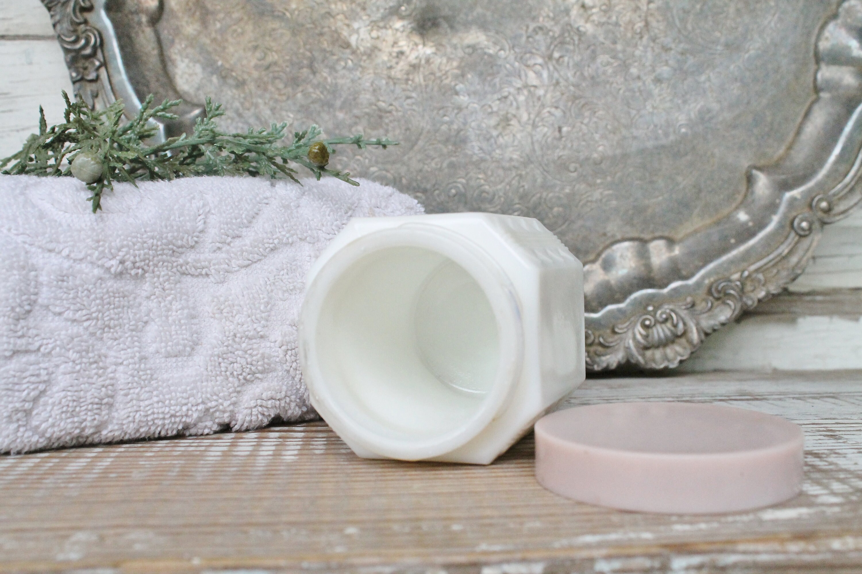 Vintage White Milk Glass Jar Vanity Jar with PINK Lid Farmhouse Decor Vanity Fixer Upper Decor