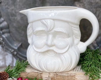 Vintage Ironstone Santa Claus Cup PITCHER Creamy White Santa Face Farmhouse Christmas Decor RARE Paintless