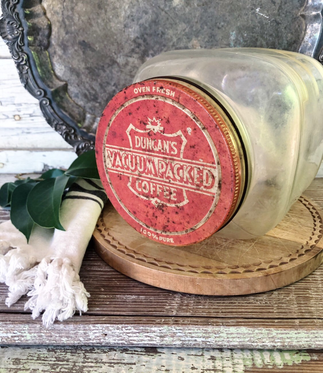 Vintage Dungans COFFEE HOOSIER Glass Jar with RED Lid Christmas Decor