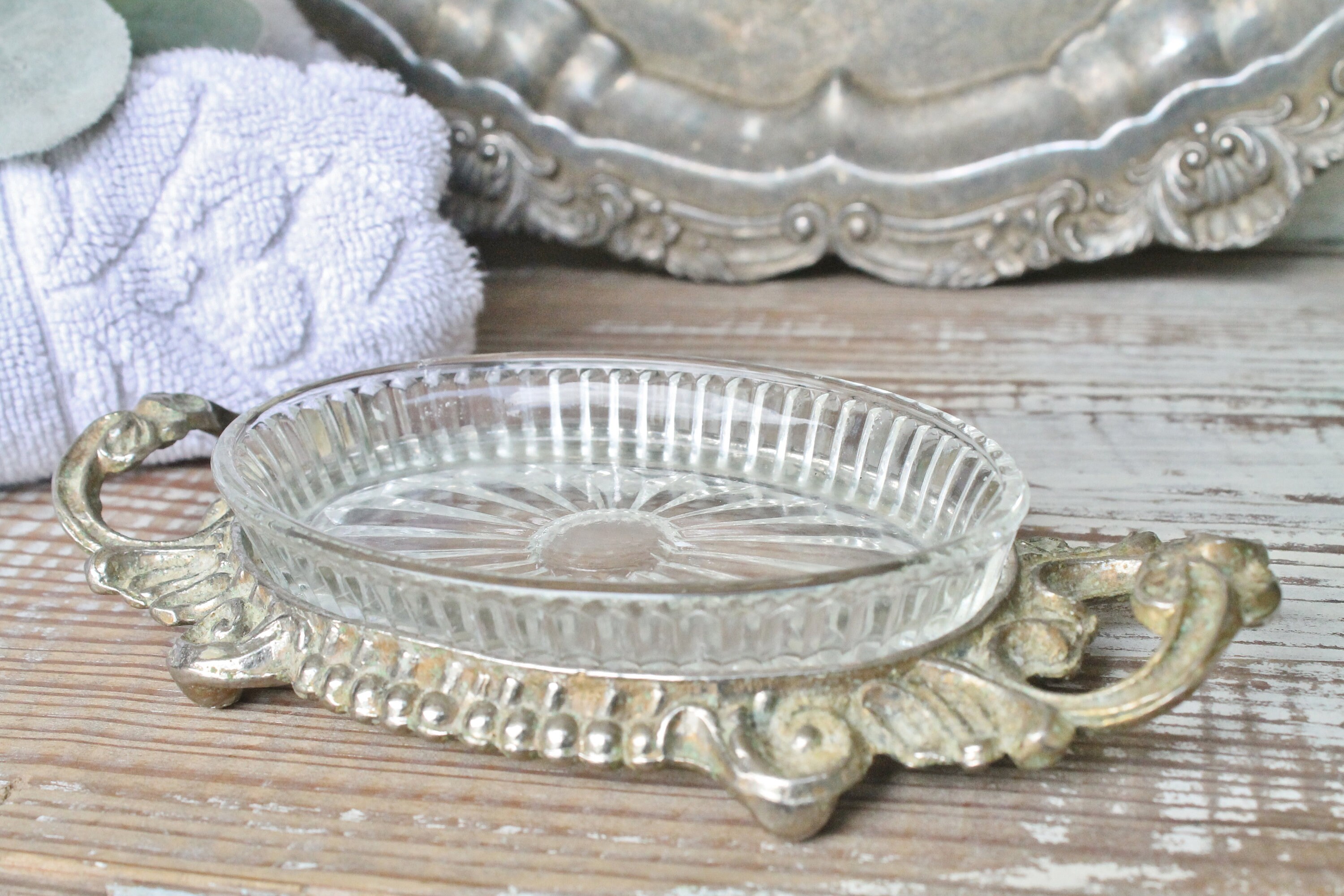 Antique Soap Dish Glass Brass Footed Tray Farmhouse Decor Fixer Upper