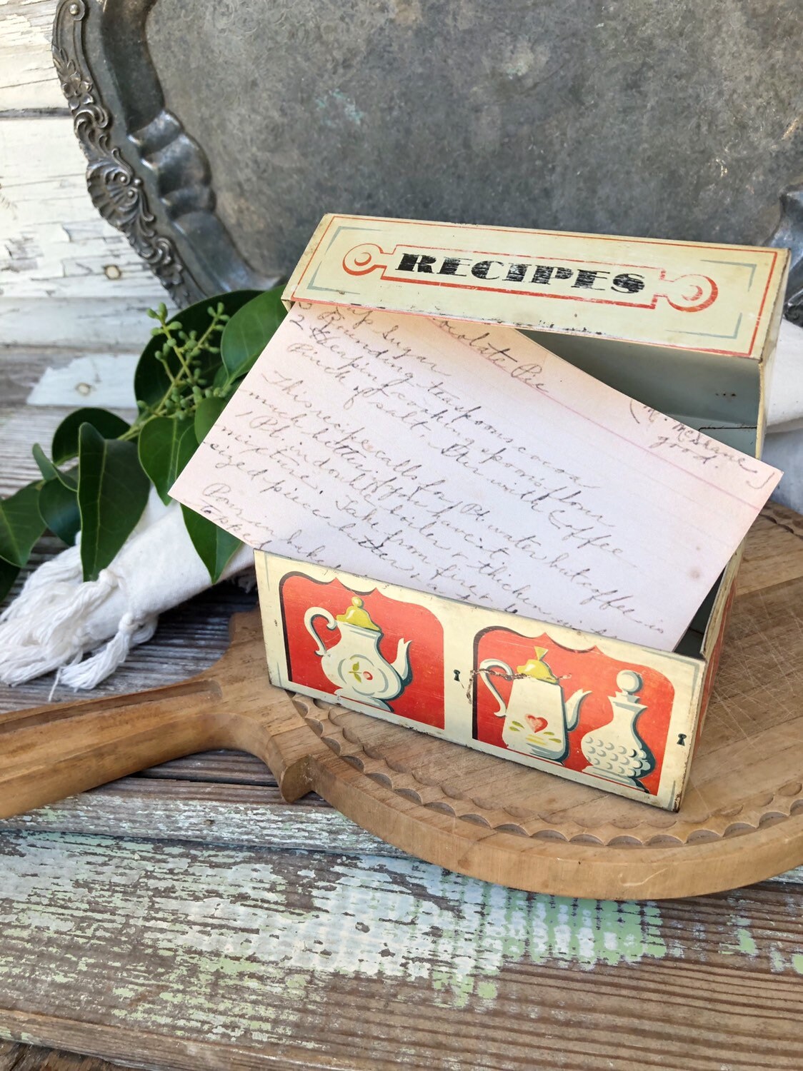 Vintage Metal Tin Recipe Box Painted Primitive Farmhouse Decor