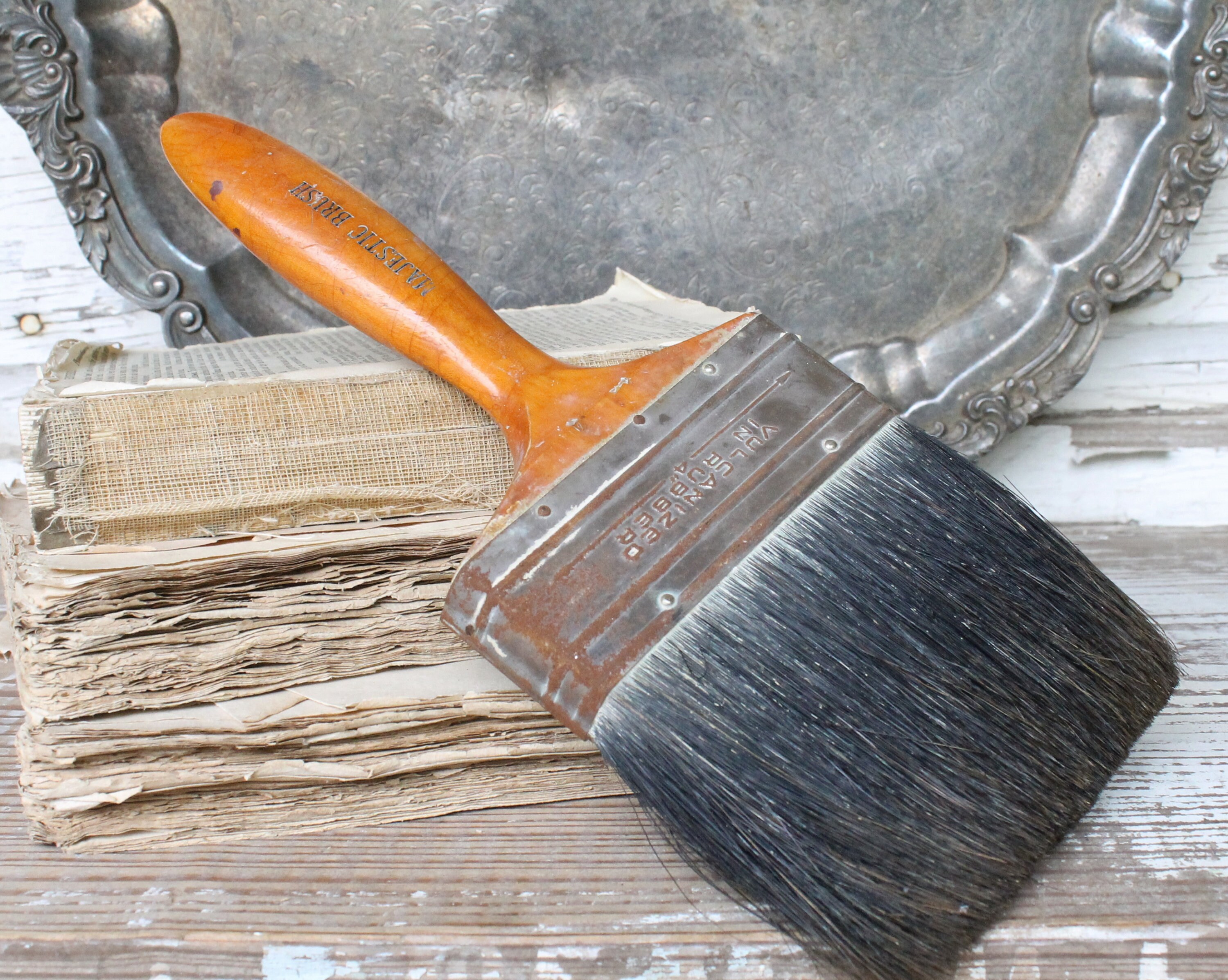 Vintage Paint Brush EXTRA LARGE Horse Hair Black Brown Farmhouse Decor