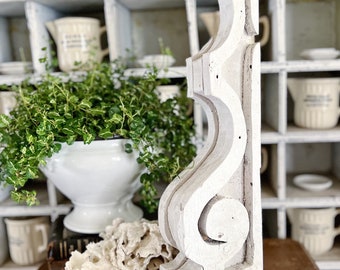 Antique Salvaged Corbel Architectural Carved Wood Bracket Chippy Aged White Paint Reclaimed Farmhouse Decor