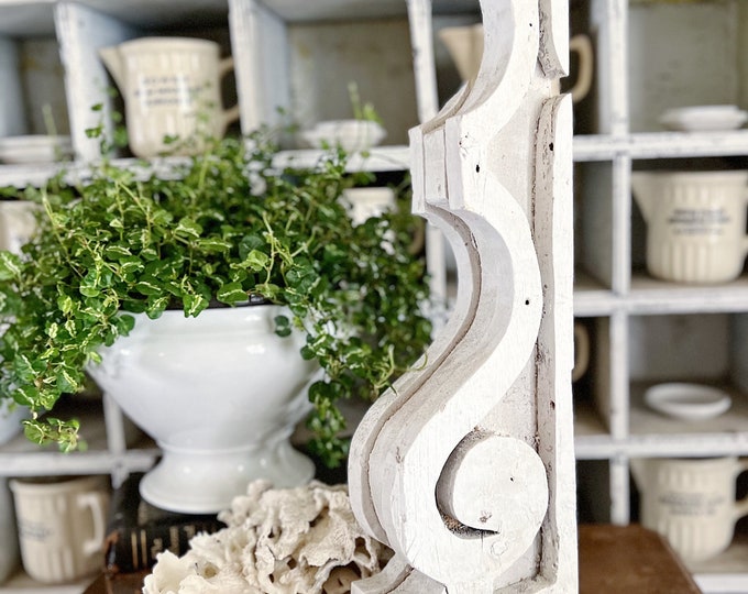 Featured listing image: Antique Salvaged Corbel Architectural Carved Wood Bracket Chippy Aged White Paint Reclaimed Farmhouse Decor