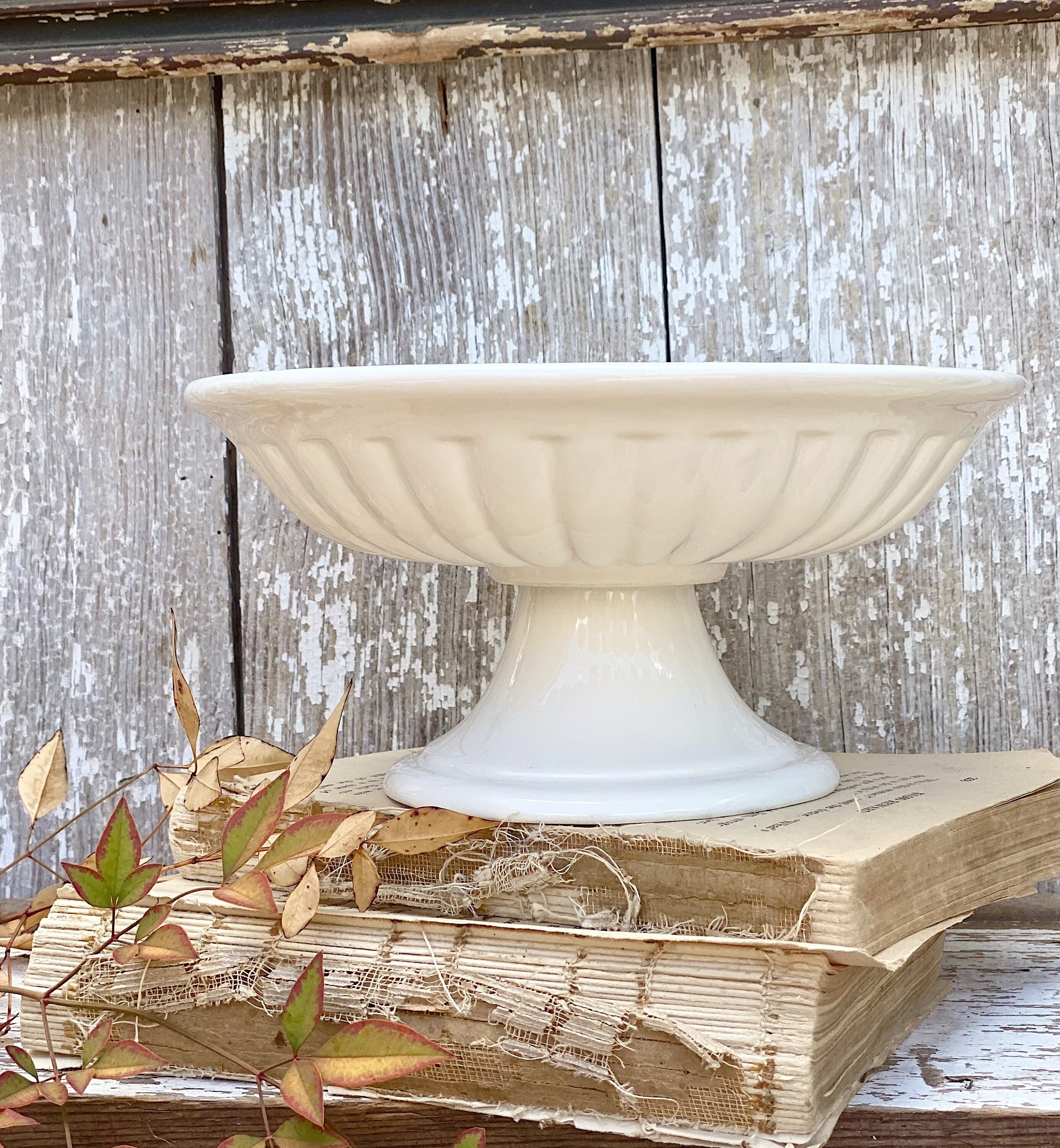 Antique White Ironstone Compote Bowl Lady Finger Scallop Footed