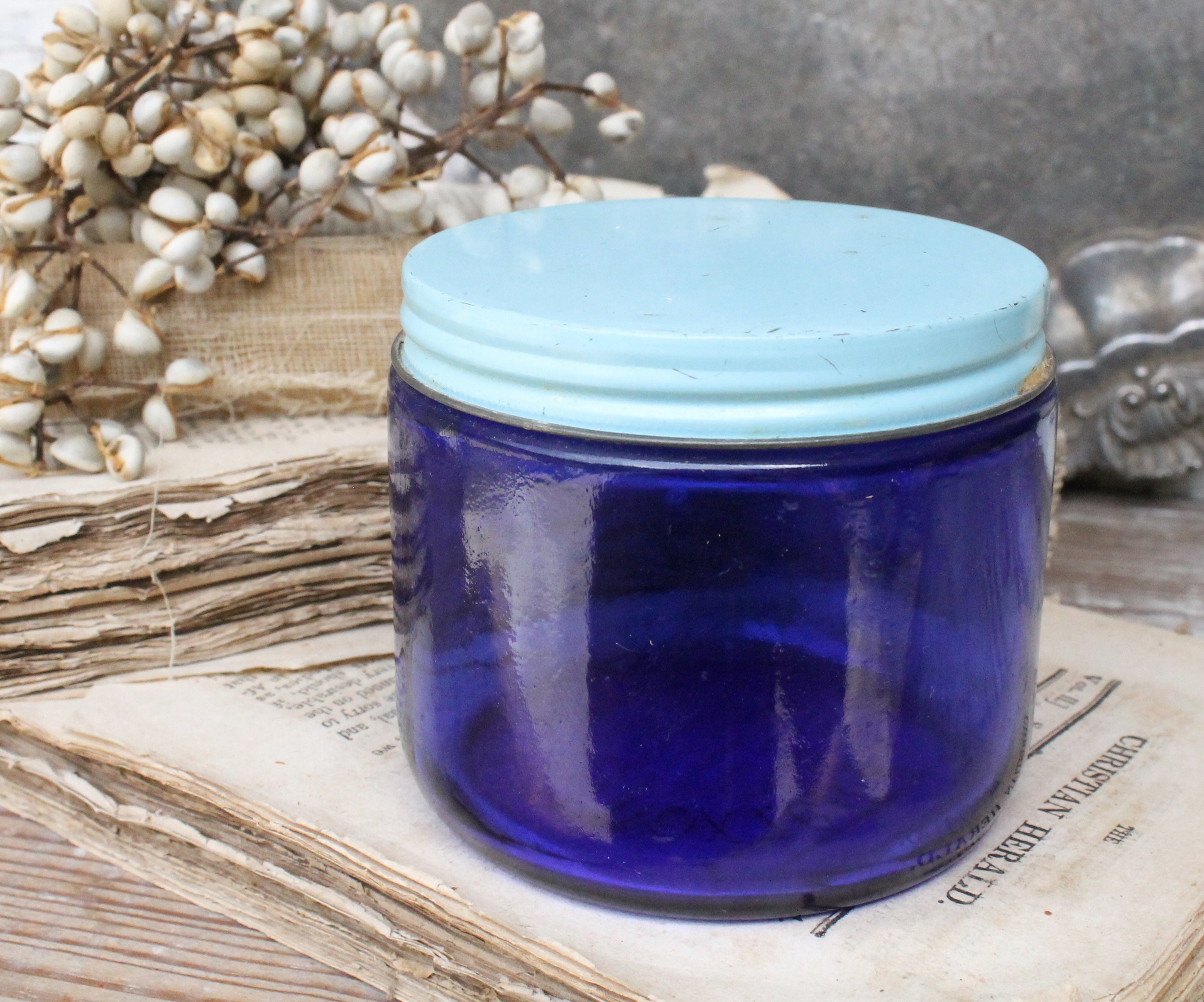 Vintage NOXZEMA Glass Jar COBALT BLUE Noxzema Shaving Lid Farmhouse Decor Vanity Fixer Upper Decor