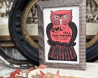 Cadre de signe hibou HALLOWEEN ferme vintage rétro impression décoration grange bois rustique primitif encadré