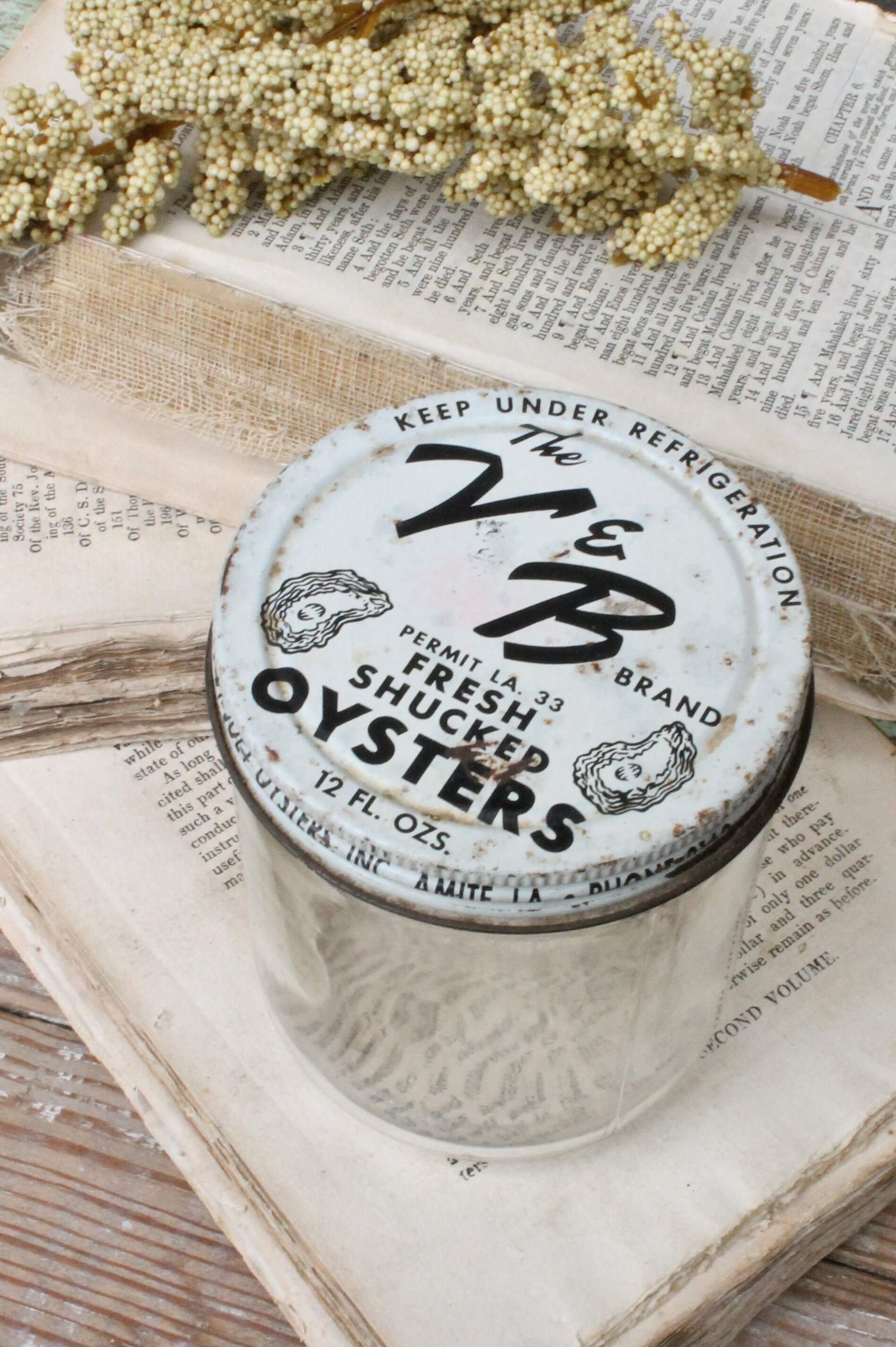 Vintage OYSTER Glass Jar with Lid Black and White BALL JAR Container